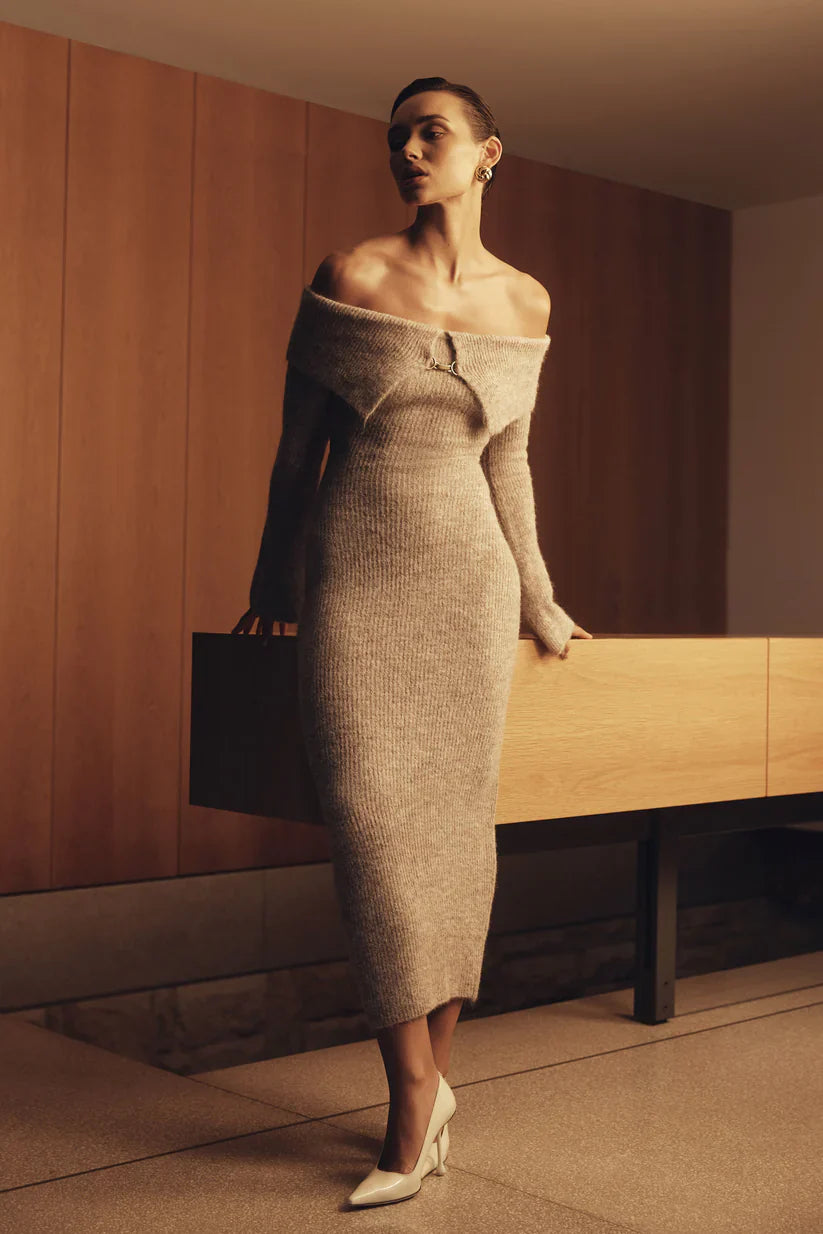 Off Shoulder Fluffy Knit Midi Dress