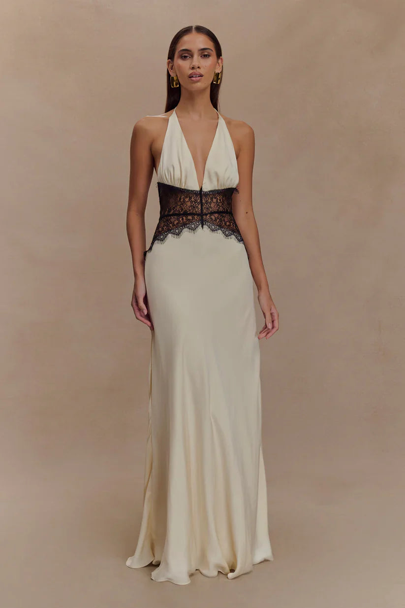 Elara Satin Lace Maxi Dress