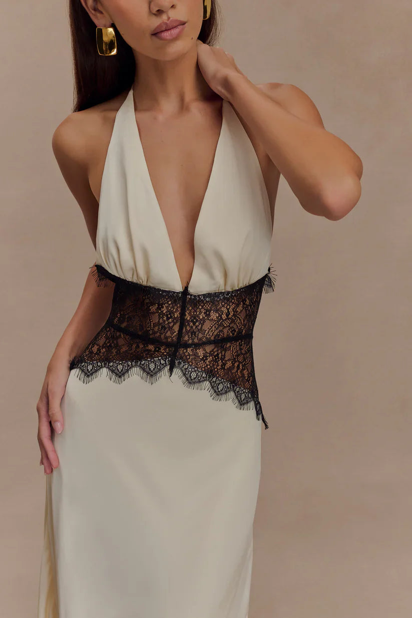 Elara Satin Lace Maxi Dress
