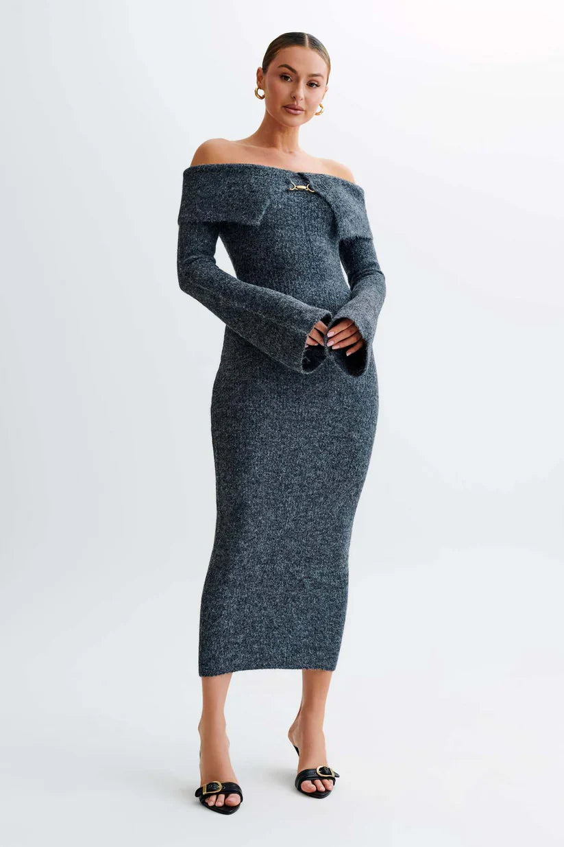 Off Shoulder Fluffy Knit Midi Dress