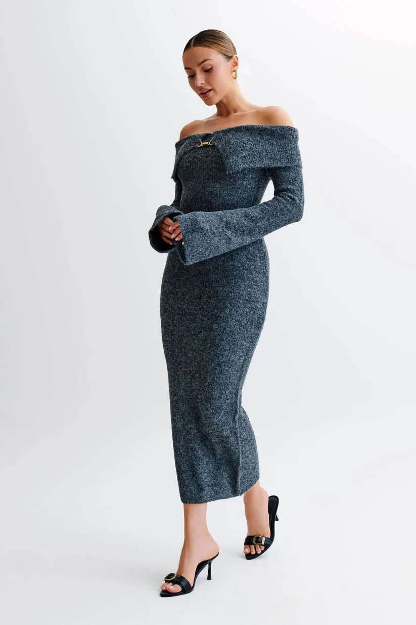Off Shoulder Fluffy Knit Midi Dress