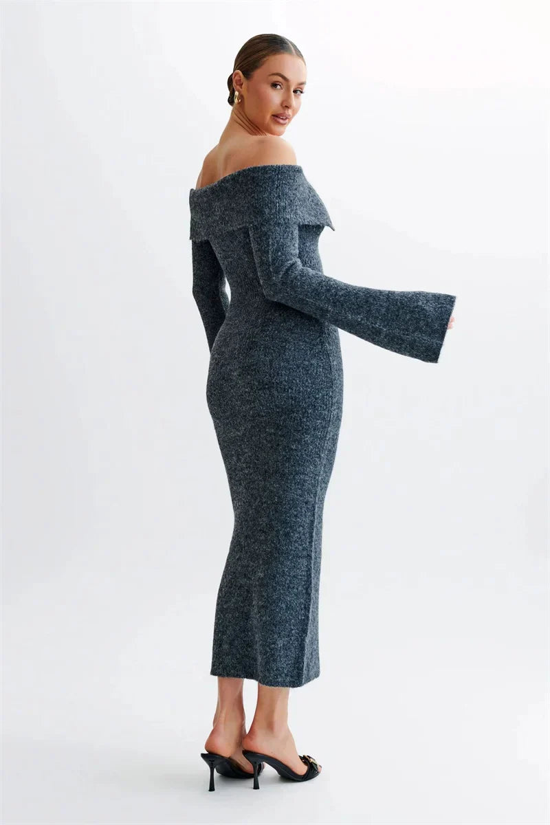 Off Shoulder Fluffy Knit Midi Dress