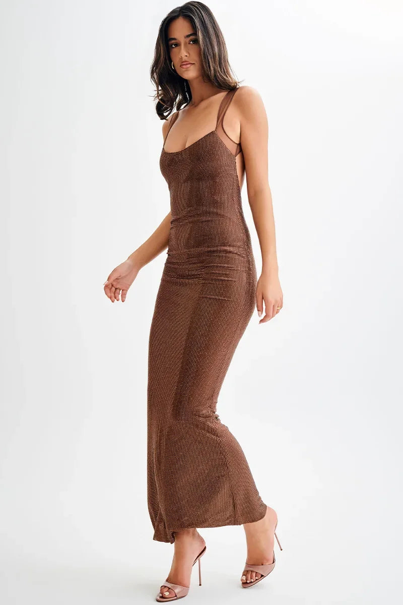 Jasmyn Maxi Dress With Mesh Back - Chocolate