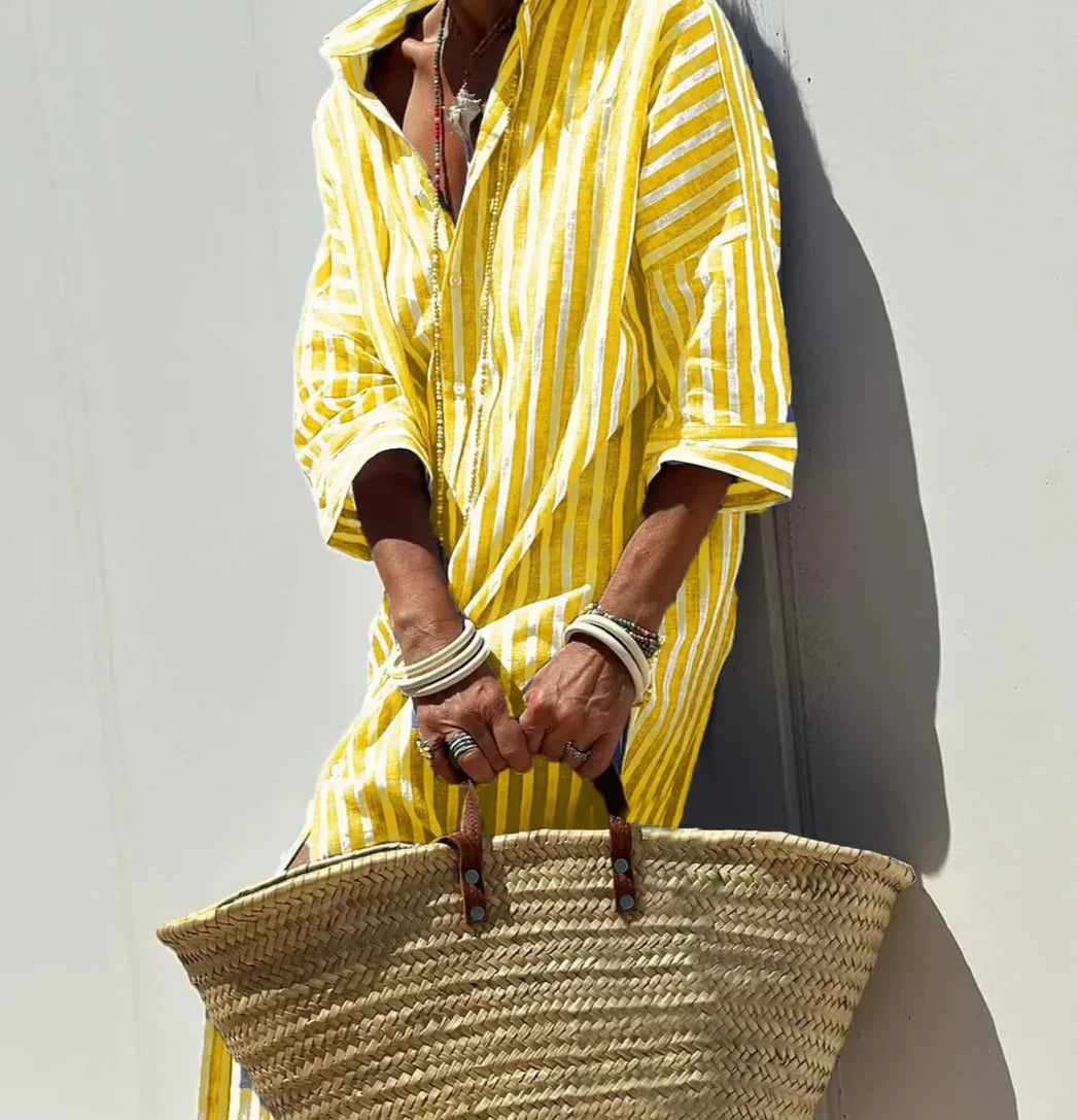 Christine | Striped Print & Button Closure with Belt